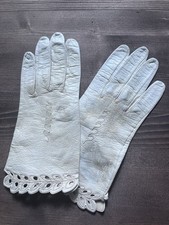Vintage Women  s Leather Gloves With Embroidery 1960  s And Cut Out Detail White
