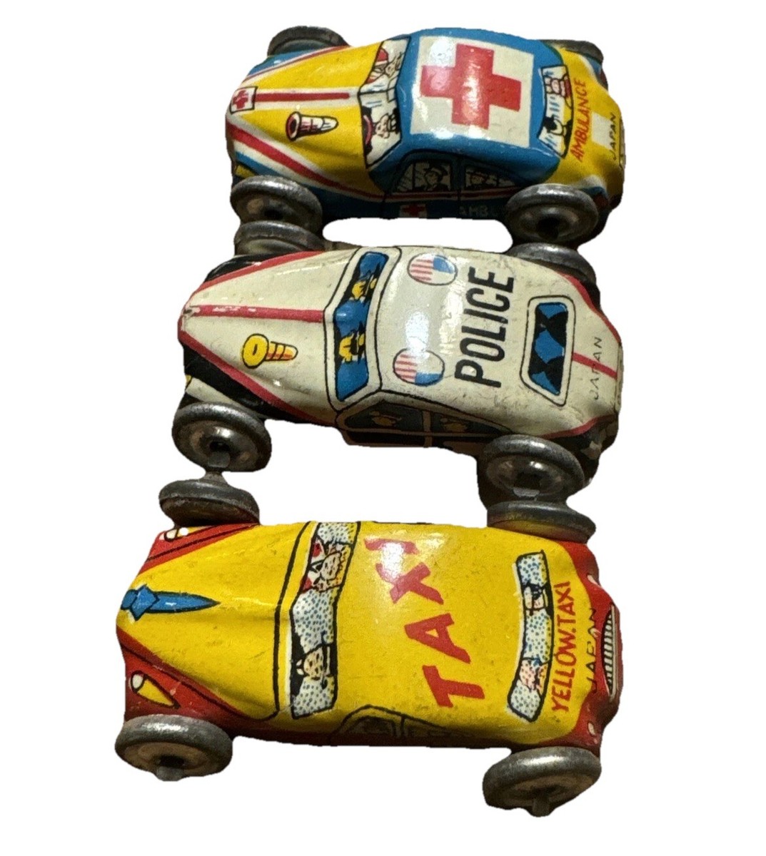 Vintage Tin Litho 1940s - 1950s 3 Mini Cars Japan Yellow Taxi