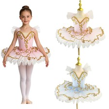 Kids Girls Tutu Lyrical Dance Costume Gold Trim Ballet Dress Princess Leotard