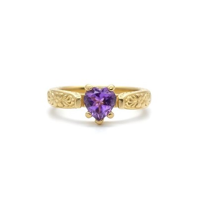 18kt Gelbgold Herzschliff Amethyst Ring Solitär geschnitzt Band Größe L 750