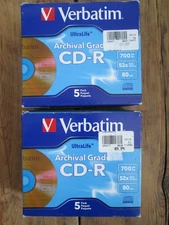 VERBATIM 5-Pack (x2) Ultralife Blank 52X CD-R CDR Archival Grade 700MB Disc NEW