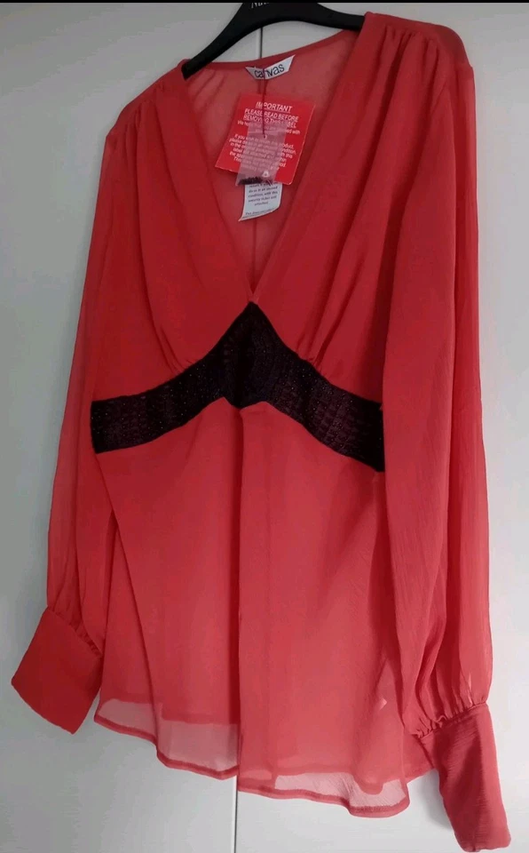 Canvas Coral Orange Long Sleeve Blouse with Black Embroidered Trim (16) - Image 3 of 4
