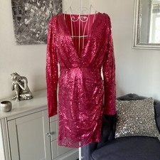 Pink Sequin V-Neck Low Plunge Padded Shoulders Long Sleeve Mini Dress 8-10