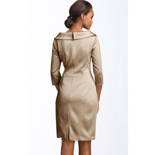 Vestido Vaina Formal KAY UNGER Champagne Satén Acanalado Media Manga Talla 8 - Imagen 2 de 9
