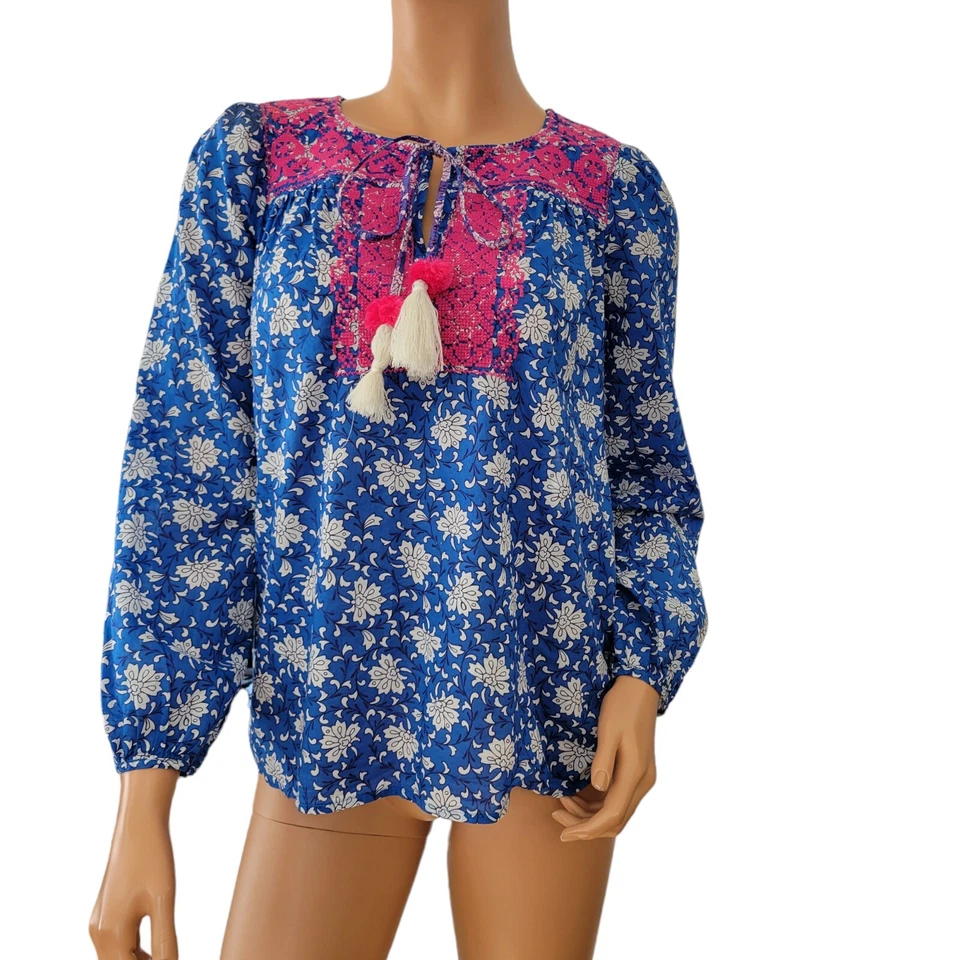 Camisa J Crew Para Mujer XS Voile Camisa Borla Corbata Bordada Boho Azul Rosa Top Foto 2 de 4