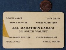 Muncie Indiana Marathon Gas & Oil Garage Business Card VINTAGE +
