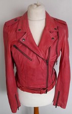 Ellos - Distressed Real Leather Belted Jacket Pinky Red Soft Size 12 - New