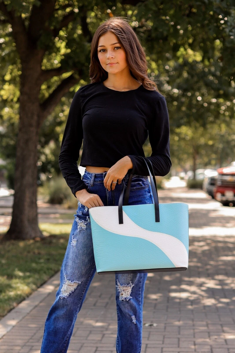 NWT Pepper Paisley & Co. Teal Blue & White Leather Tote - Small | eBay