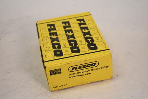 Yellow and black Flexco box with white text, showing product details and “Made in U.S.A.” on a gray surface.