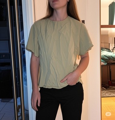 Gloria Lance Vintage Blouse Size L Green Keyhole Back Short Sleeve Shoulder Pads