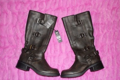 Madden NYC Women's Brown Knee High Biker Boots Faux Leather Buckle Zip 11