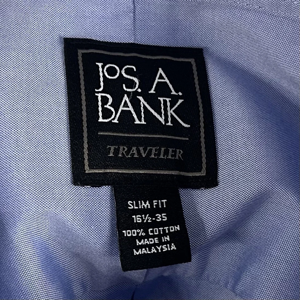 Jos A Bank 16.5 35 Slim Traveler Oxford Shirt Blue 100% Cotton Button Down - Image 3 of 4