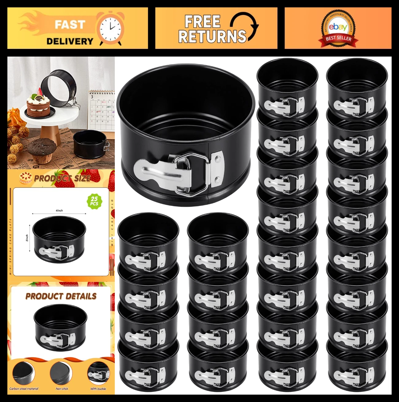 25 Pcs 4" Nonstick Springform Pans Set - Mini Cheesecake, Pizza & Quiche Molds