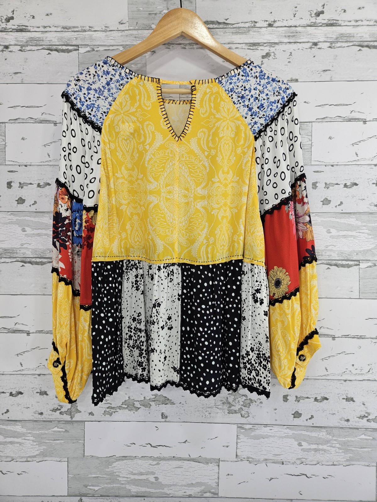 John Mark Patchwork Peasant Blouse Boho Crochet W… - image 3