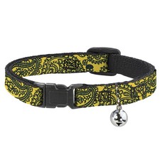 Cat Collar Breakaway with Bell Bandana/Skulls Gold/Green NARROW Fits 8.5-12"