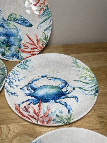 Set Of ( 8 ) 100% Melamine Dinner Plates Sealife Coral Seahorse 9in Plates Beach - Picture 6 of 17