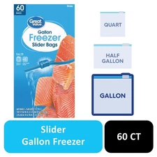 Great Value Gallon Freezer Guard Slider Zipper Bags, 60 Count