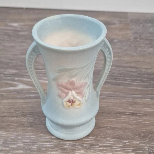 Hull Art Pottery Ceramic Floral Vase Light Blue Pink Yellow Matte 308-4 1/2
