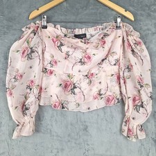 Womens Top Small Pink Romantic Floral Fairy Cropped Coquette Ruffle Off Shoulder