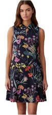 New Gracia Black Floral Print Stretch Sleeveless Polo Tennis Dress Sz S