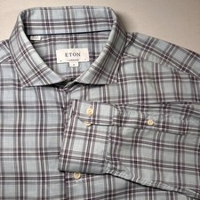 Eton Dress Shirt Mens XL 17 43 Plaid Blue Contemporary Fit Spread Collar Dadcore