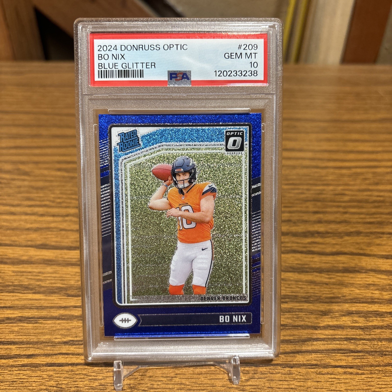 2024 Panini Donruss Optic Bo Nix Blue Glitter #209 PSA 10 SSP Rookie Broncos RC