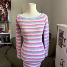 PrettyLittleThing Pastel Spring Striped Fuzzy Knit Bodycon Maxi Sweater Dress, S