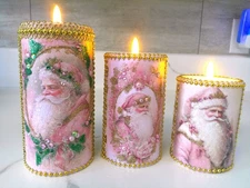 Shabby Chic Victorian~3 LED Candles w/Santa Images~Gold Beaded Trim/Crystals