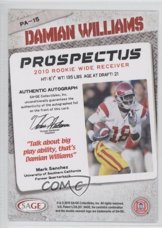 2010 SAGE Hit Prospectus Auto /100 Damian Williams #PA-15 Rookie Auto RC - Image 2 of 2