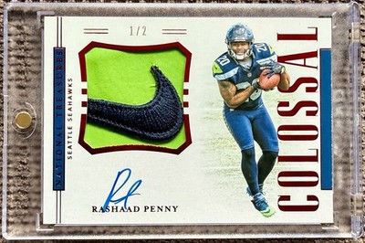 2018 National Treasures Rashaad Penny Seahawks Nike Swoosh Rookie Patch Auto /2