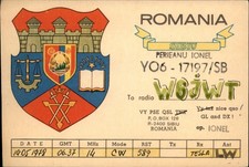 QSL radio card YO6-17197/SB 1978 Sibu Romania USSR Ionel Crest Castle Swords