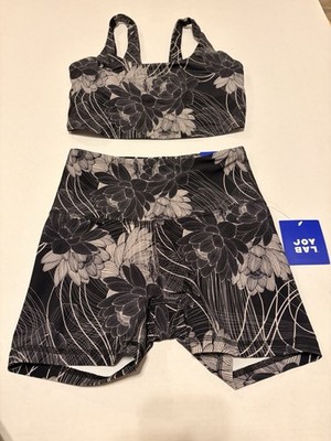 JOY LAB Women's Floral Athletic Bra & Shorts Set Nylon Spandex Stretch Small 