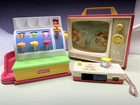 Vintage Fisher-Price LOT W/ Camera-Cash Register-Giant Screen Music Box (works)