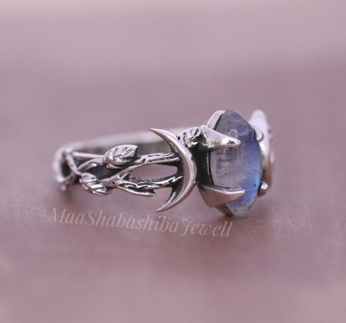 Natural Moonstone Ring Engagement Ring Triple Moon Phase Ring 925 Silver Ring - Picture 7 of 9