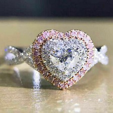1.18Ct White Heart Pink Round Stone Heart Shape Ring In 925 Sterling Silver