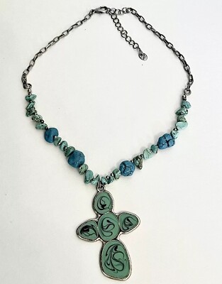 Nes Signed Turquoise Color Artistic Enamel Cross Statement Necklace