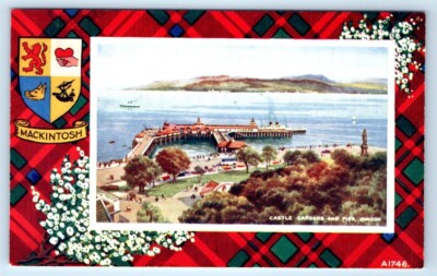 DUNOON Castle Gardens & Pier MACKINTOSH Tartan Border SCOTLAND UK Postcard