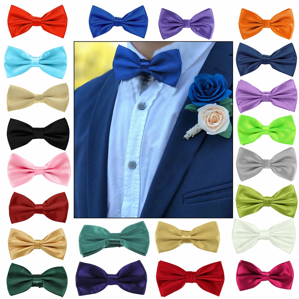Pre Tied Smart Bow Tie Mens Satin Dickie Fancy Dress Wedding Plain Solid Colors