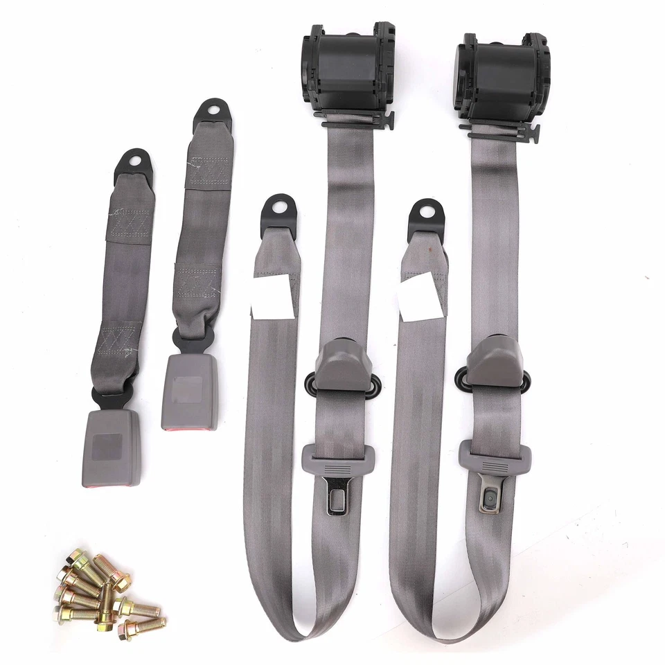 2X Retractable 3 Point Safety Gray Seat Belt Straps Vehicle Adjustable Belt Kit - Image 3 of 4