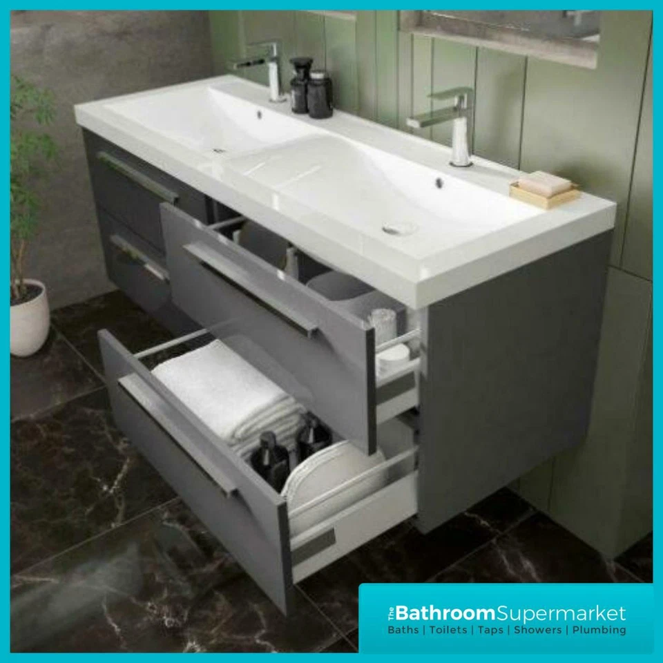 Gloss Graphite Double Basin Bathroom Vanity Unit Sink Storage Modern Furniture
