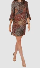 MSK Women's Brown Printed Round Neck Bell Sleeve A-Line Dress Size XL
