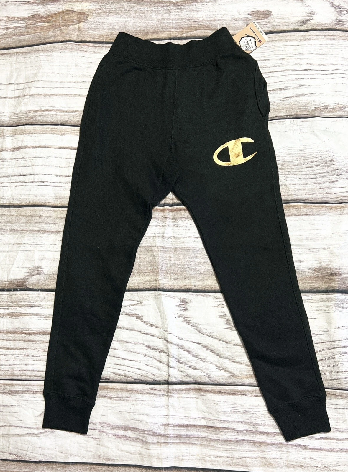 Champion Man SZ Small Reverse Weave Jogger Pant Gold Logo Black NWT (M)