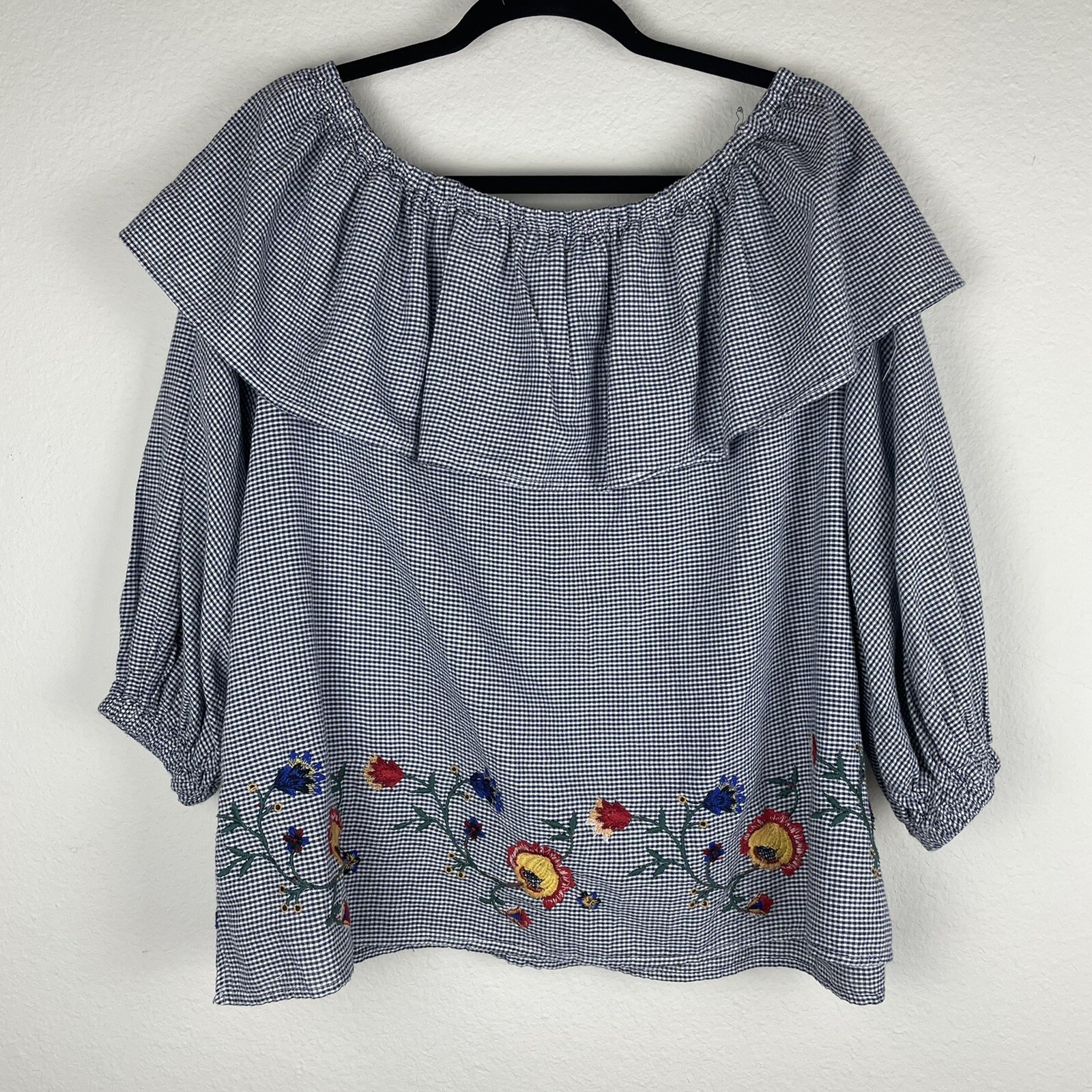 Zara Gingham Off The Shoulder Floral Embroidered Top … Gem
