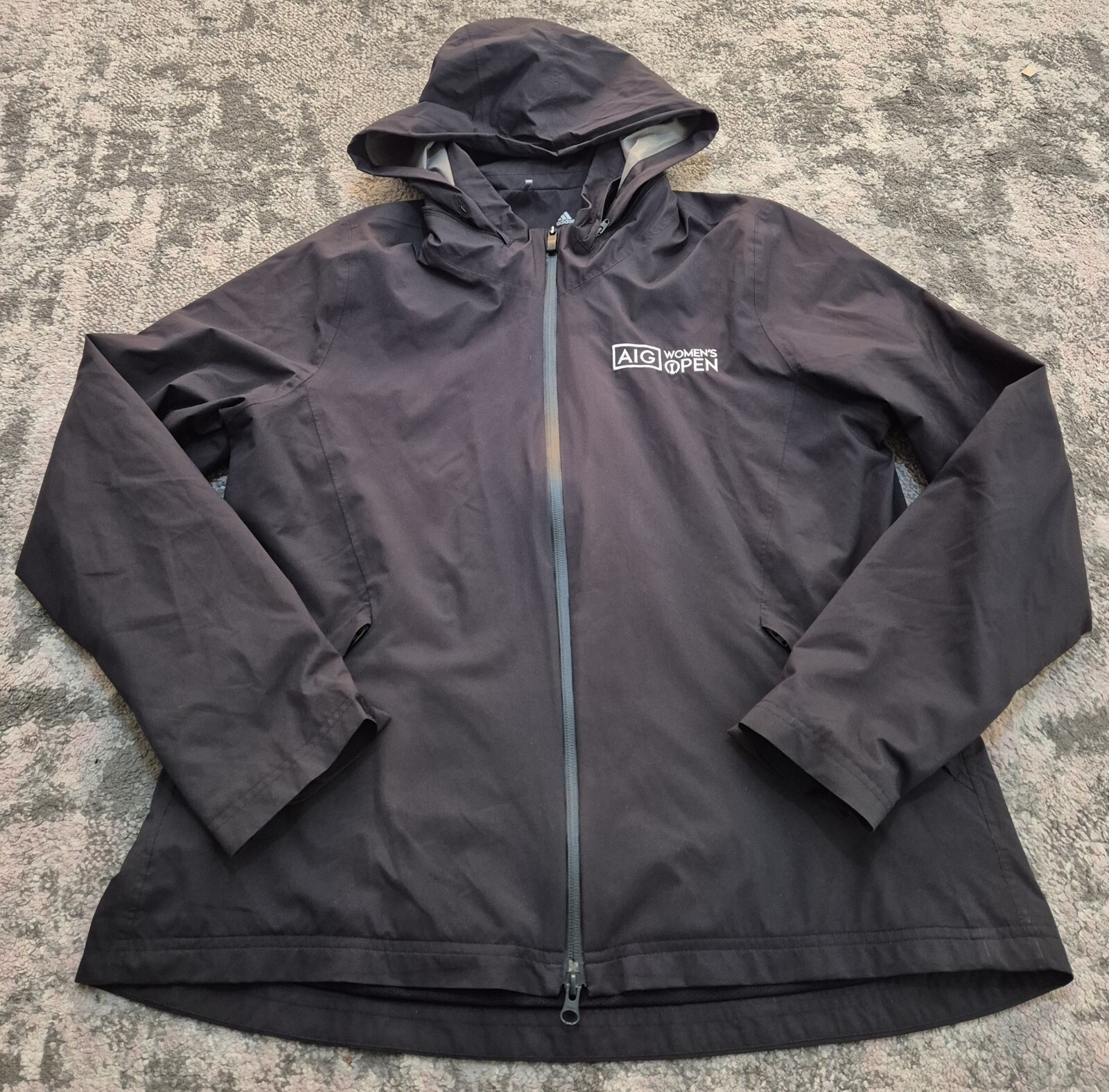 Adidas Hooded Rain Jacket UK 20-22 Black Embroidered AIG WOMANS OPEN Logo