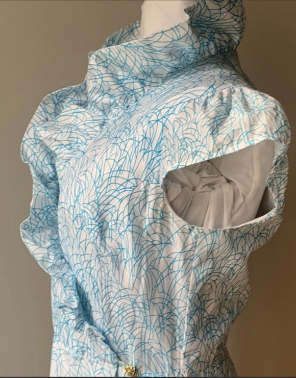 Vestido Elizabeth McKay Cuello Volantes Manga Gorra 8 Azul Blanco Mezcla Seda Foto 3 de 4