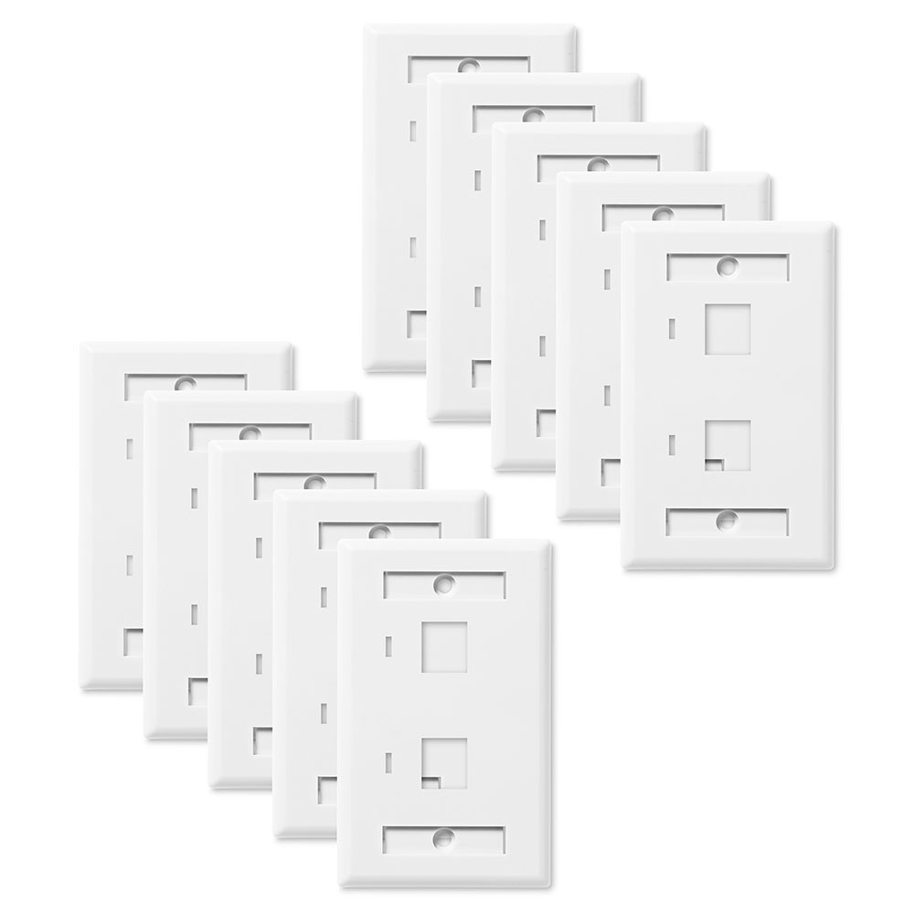 NavePoint Keystone Jack Wall Plate 2-Port, Single Gang, White, 10-Pack
