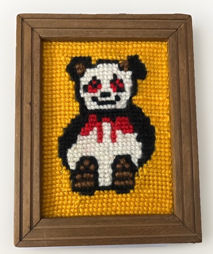 Vintage Handmade Needlepoint Panda Wall Art Framed Creepy Cute Kitsch Folk Decor