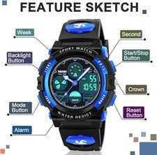LED Multifunction Waterproof Kids Watch Gift for Boys Girls Age 6-15