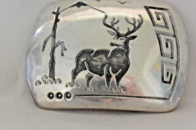 Lg.signed ROSCO SCOTT Navajo Concho Belt Buckle ''MULE DEER BUCK'' Sterling Silver