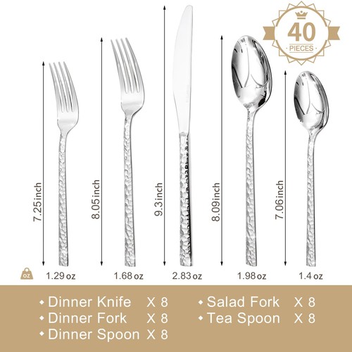 40 Piece Hammered Silverware Set, 18/10 Stainless Steel Flatware Set for 8, C... - Picture 2 of 9